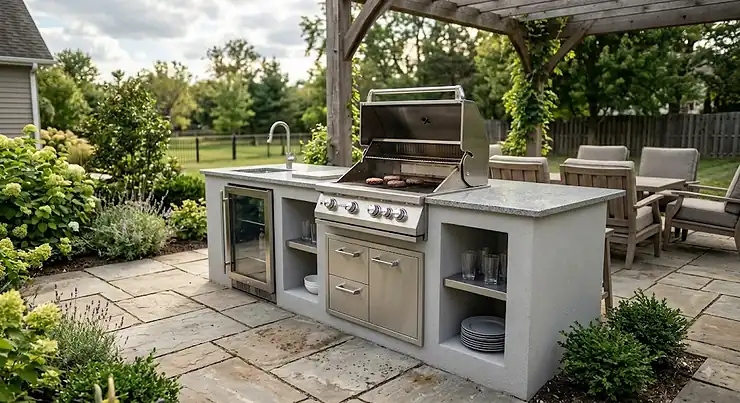 Stainless steel built-in grill installed in a modern outdoor kitchen island on a stone patio. built-in grill for outdoor kitchen