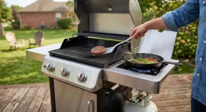 Stainless steel gas grill under $300 featuring an integrated side burner heating a skillet.