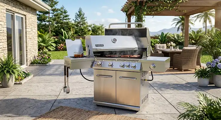 A stainless steel gas grill with side burner set up on a spacious outdoor patio
