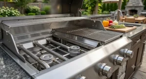 Close-up view of heavy-duty grates and stainless steel burners on a natural gas grill for an outdoor kitchen.
