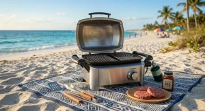 Stainless steel tabletop portable gas grill setup on a picnic mat for a beach barbecue.