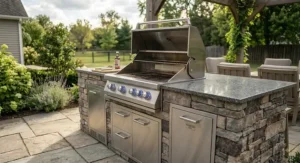 Stacked stone outdoor kitchen island equipped with an inset stainless steel built-in gas grill.