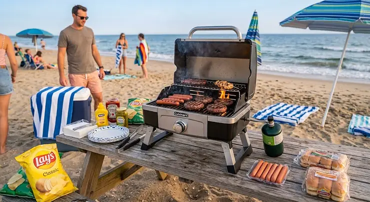 Tabletop propane beach grill firing up burgers and hot dogs on a wooden picnic table portable gas grill for beach