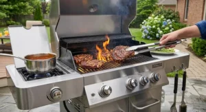 Searing ribeye steaks over main cooking grates on a 3 burner gas grill