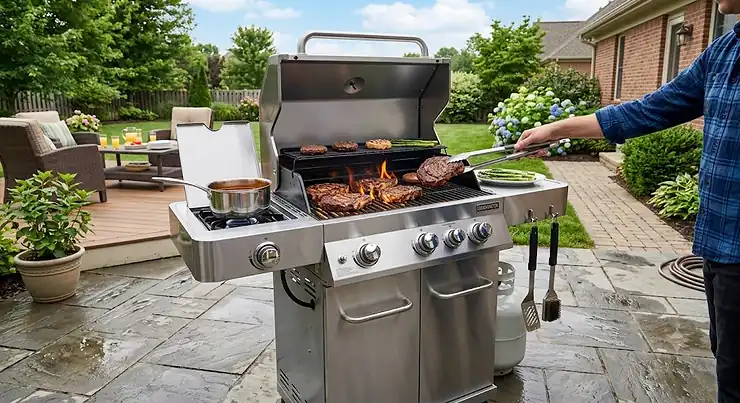 Stainless steel 3 burner gas grill with side burner set up on a suburban backyard patio