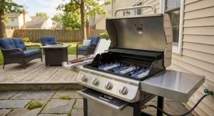 Illustration of a budget-friendly 3-burner natural gas grill with side tables and open hood showing burner flames.