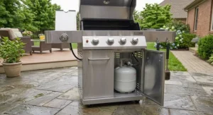 3 burner propane gas grill with side burner featuring a bottom cabinet storing the tank
