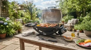 An affordable gas grill set up on a suburban patio during a sunny weekend family cookout.