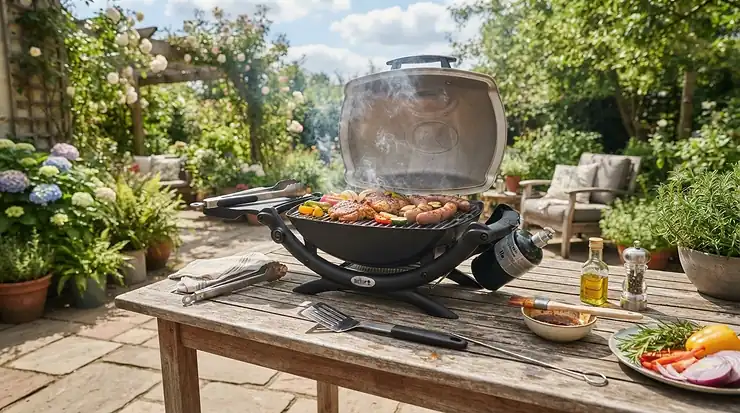 An affordable gas grill set up on a suburban patio during a sunny weekend family cookout. gas grill under $300 that lasts