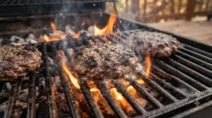 Close-up of burgers grilling on an affordable gas grill for the money under $500