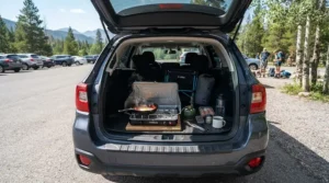 Portable affordable gas grill packed in the back of a truck for a tailgating party