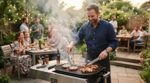A backyard chef flipping burgers on an affordable propane gas grill under $500.