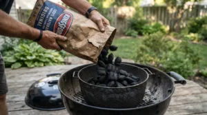 Loading unlit briquettes and wood chunks into a barrel drum charcoal grill for low and slow smoking
