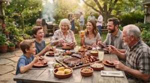Serving food cooked on a barrel drum charcoal grill for low and slow smoking at an outdoor family gathering