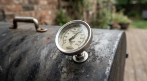 Thermometer gauge reading steady temperatures on a barrel drum charcoal grill for low and slow smoking