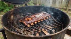 A backyard pitmaster checking pork ribs on a barrel drum charcoal grill for low and slow smoking during a weekend barbecue