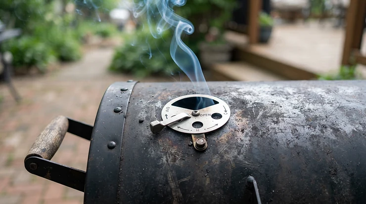 Thin blue smoke rolling out of the exhaust stack of a barrel drum charcoal grill for low and slow smoking