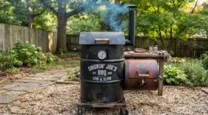 A customized DIY ugly drum smoker setup used as a barrel drum charcoal grill for low and slow smoking