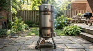 A side view showing the tall vertical structure of a barrel drum charcoal grill for low and slow smoking