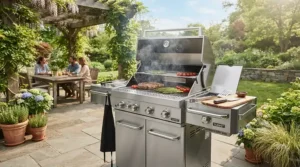 A stainless steel gas grill for the money under $500 set up on a suburban backyard patio
