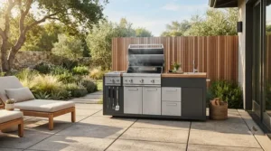 A sleek stainless steel gas grill under $500 set up on a backyard patio for a weekend barbecue.