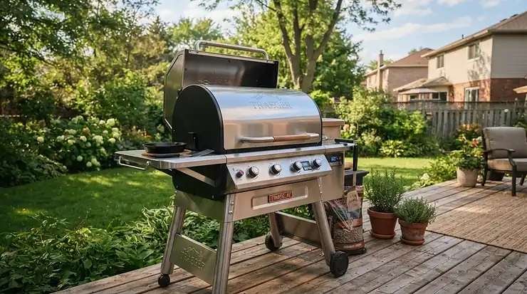 A stainless steel cooking appliance on a patio, showcasing the best gas grill for the money under $500.