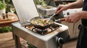 A home cook using the side burner on a best propane grill under $500 to heat a skillet.