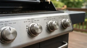 Detailed view of the control knobs on a gas grill for the money under $500