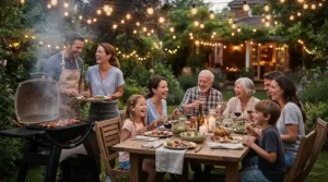 A family gathering around a patio table while a best value gas grill under $500 cooks dinner.