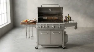 A budget-friendly affordable gas grill featuring side burners and storage shelves