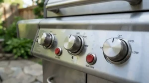 Close-up of control knobs and stainless steel burners on a gas grill under $400.