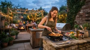 Evening grilling session using a lighted gas grill for the money under $500