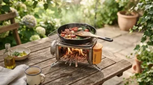 A mini charcoal grill for apartment balconies sitting neatly on a wooden outdoor tabletop.