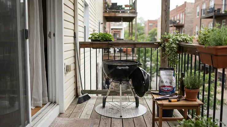 A charcoal grill for apartment balconies positioned at a compliant distance from building walls.