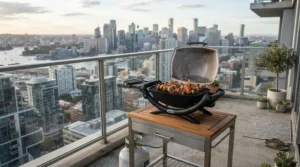 An HOA-approved charcoal grill for apartment balconies positioned securely on a concrete high-rise deck.