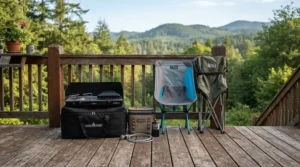 A portable mini charcoal grill for apartment balconies packed neatly for a weekend cookout.