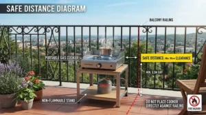 An illustration showing safety tips for using a charcoal grill for apartment balconies, keeping distance from railings.