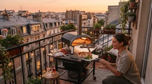 A compact charcoal grill for apartment balconies set up safely on a small urban patio during sunset.