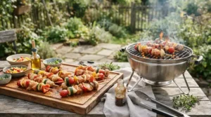 Fresh vegetables and skewers prepared next to a charcoal grill for apartment balconies.
