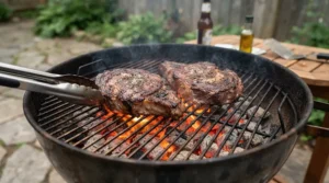 A charcoal grill for searing steaks set up on a backyard patio during a sunny afternoon.