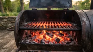 Cast iron grates on a charcoal grill for searing steaks to create perfect grill marks.