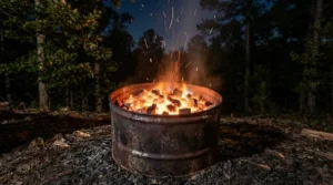 A charcoal chimney starter heating briquettes for a charcoal grill for searing steaks.