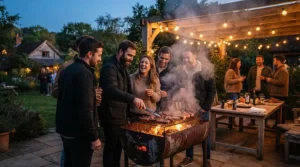 An evening backyard cookout featuring a charcoal grill for searing steaks for family and friends.