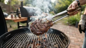 Essential stainless steel grilling tools used alongside a charcoal grill for searing steaks.