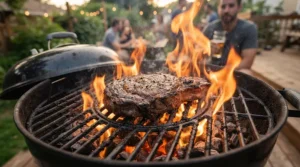 High heat flames licking up around a charcoal grill for searing steaks to medium-rare perfection.