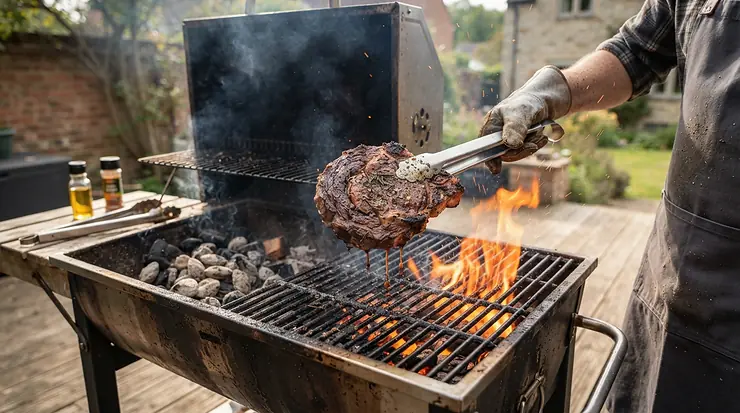 Using a charcoal grill for searing steaks after slow-cooking using the reverse sear method.