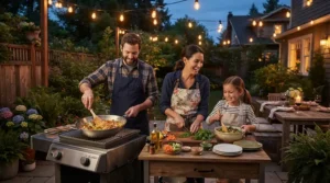 A charcoal grill under $200 for a small family being used in a suburban backyard during a weeknight dinner