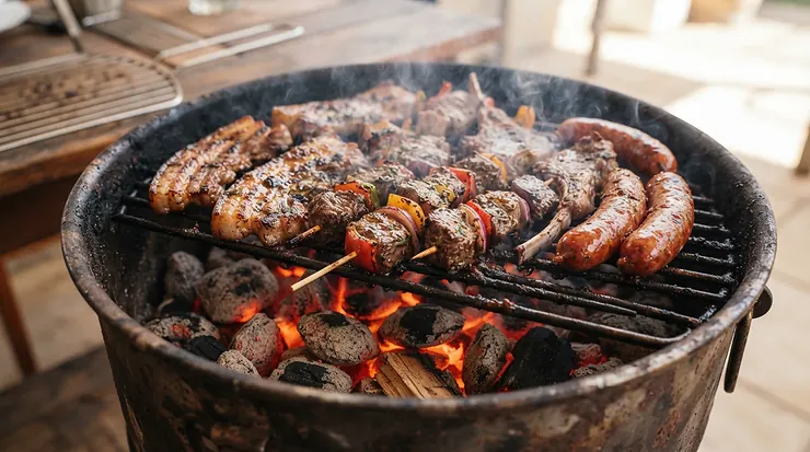 A budget charcoal grill under $200 for a small family loaded with burgers and hot dogs for a weekend cookout