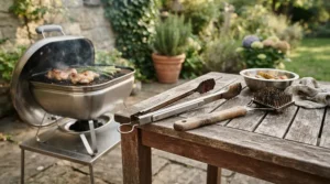 Essential tools next to a charcoal grill under $200 for a small family getting ready to cook