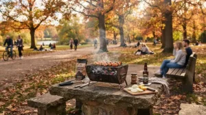 A portable charcoal grill under $200 for a small family parked at a local public park for a picnic
